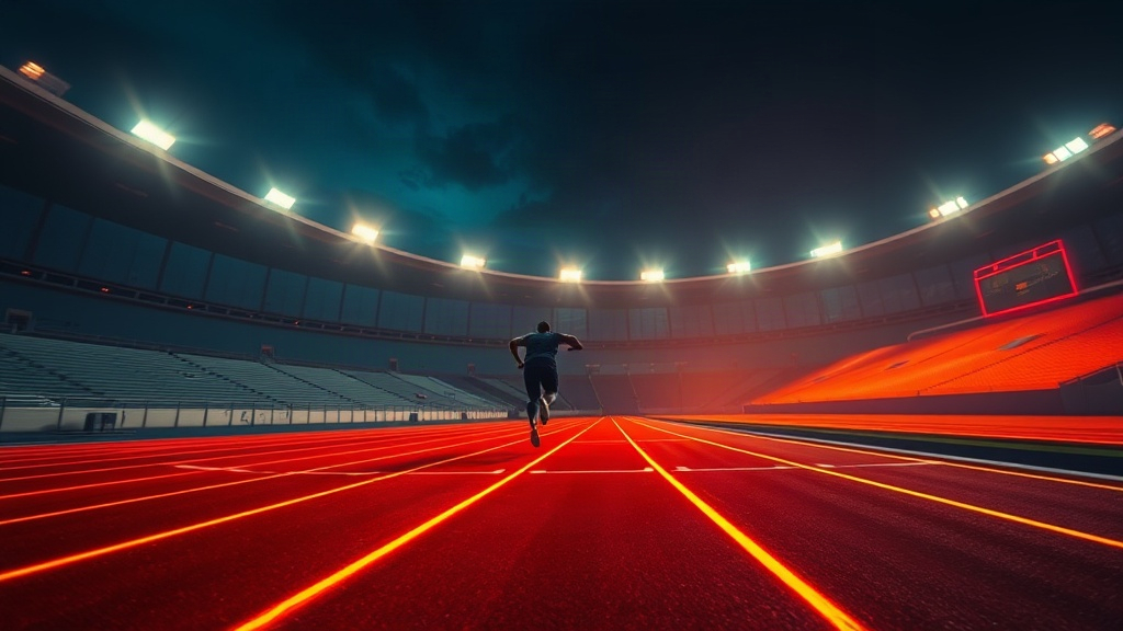 Neon sprint stadium at night with orange lane glow
