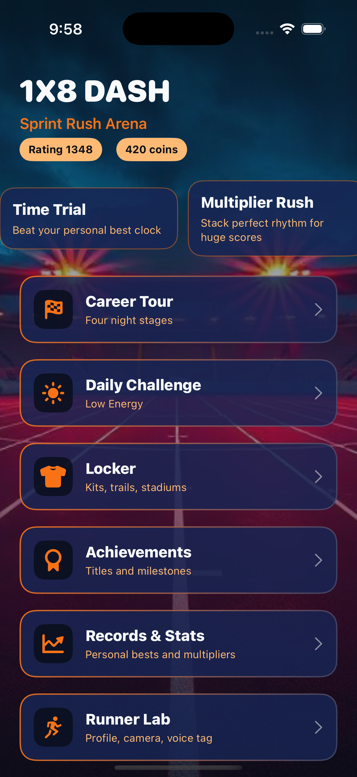 Arena hub with sprint mode tiles